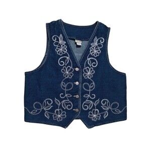 Vtg Floral Denim Jeans Vest Womens L Large 90s Embroidered Cotton Boho Western